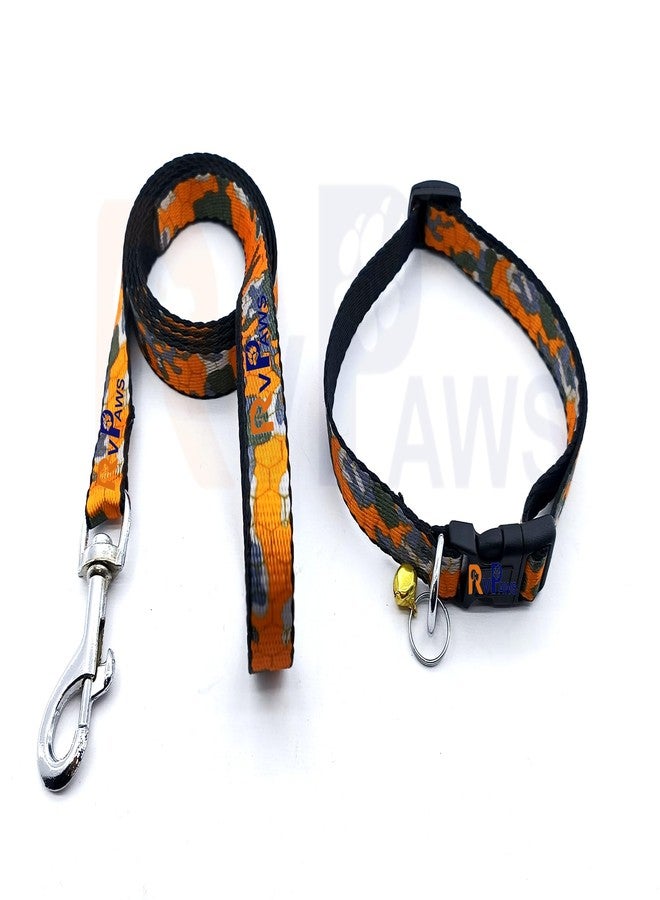 Pups&Pets Dog Collar and Leash Set Puppy Printed, Adjustable Nylon Collar with Leash for Small Dogs, Multicolor Collar Leash Set with Bell for Puppies, Dog & Cat 15 MM (Color-Orange) - Image 1